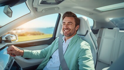 Man driving car relaxed travel scene with ocean view through window