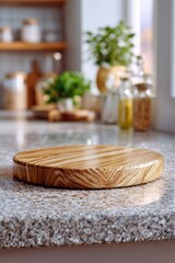 A round board made of various exotic dark woods on a simple, light-colored wooden counter. The background is a soft, uniform blur of a cozy, elegant kitchen