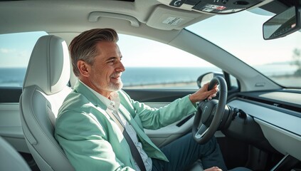 Man driving car smiling inside white luxury interior on sunny day