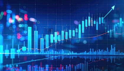 Blue digital graph showing increasing financial data & indicators with an upward arrow