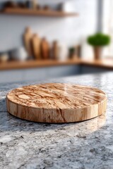 A round board made of various exotic dark woods on a simple, light-colored wooden counter. The background is a soft, uniform blur of a cozy, elegant kitchen