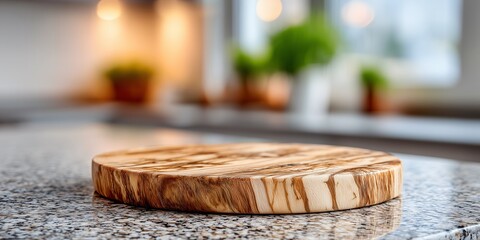 A round board made of various exotic dark woods on a simple, light-colored wooden counter. The background is a soft, uniform blur of a cozy, elegant kitchen