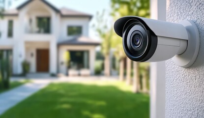 A modern security camera is mounted on a wall, overlooking a beautiful home and its landscaped yard, ensuring safety and surveillance.