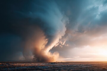 Dramatic tornado in a desert landscape at sunset