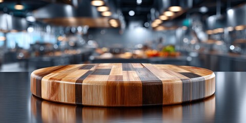A round cutting board made of alternating light and dark wood strips on a stainless steel industrial counter. The background is a vibrant, chaotic blur of a professional kitchen