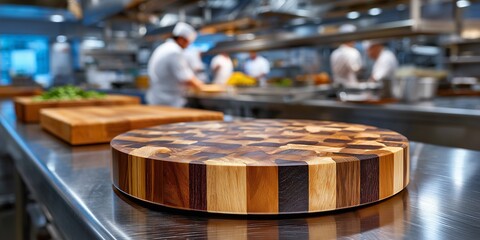 A round cutting board made of alternating light and dark wood strips on a stainless steel industrial counter. The background is a vibrant, chaotic blur of a professional kitchen