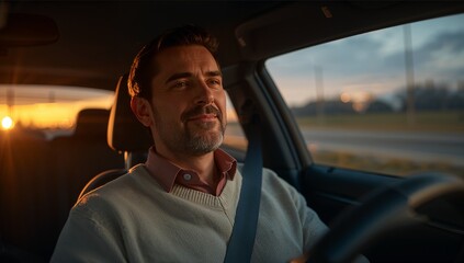 Man driving car smiling inside vehicle at sunset time