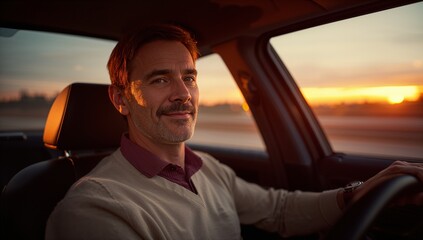 Man driving car on highway with warm evening light and calm mood