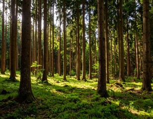 Obraz premium Sunlight filters through a dense coniferous forest