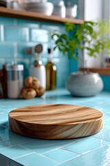 A round cutting board with a distinct circular groove on a light blue ceramic tiled counter. The background is a soft, out-of-focus blur of a retro kitchen