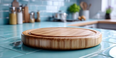 A round cutting board with a distinct circular groove on a light blue ceramic tiled counter. The background is a soft, out-of-focus blur of a retro kitchen