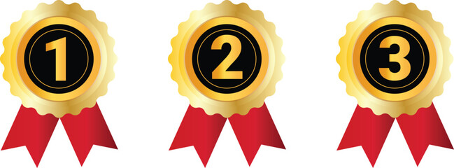 Golden Medals with Red Ribbons for First, Second, Third Place
