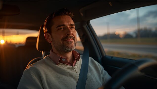 Man driving car smiling inside vehicle at sunset time