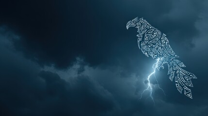 Line Art Bird Illustration on Stormy Sky with Lightning