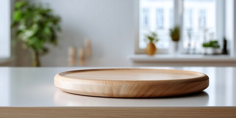 A round serving board with a slightly raised edge on a clean white wooden counter. The background is a bright, pure white blur