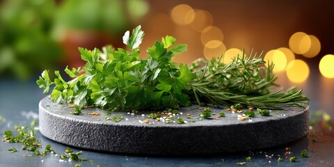 A round cutting board with small, fresh herbs scattered on it on a clean black counter. The background is a soft, warm blur with hints of green and yellow