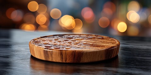 A round, thin wooden coaster with condensation marks, on a dark wood counter. The background is a soft, warm blur with hints of light reflecting off glass