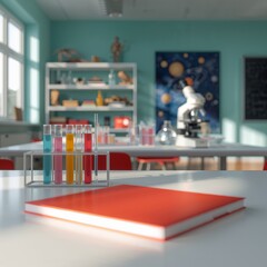 Science lab classroom setup with microscope and chemistry tools