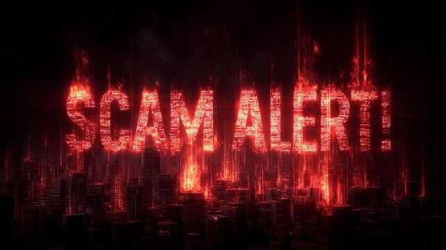 An eye-catching 'Scam Alert!' graphic with fiery red letters emerging from a shadowy cityscape, conveying urgency and warning.