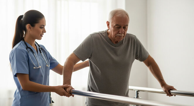 Senior man using parallel bars with assistance from a healthcare worker.
