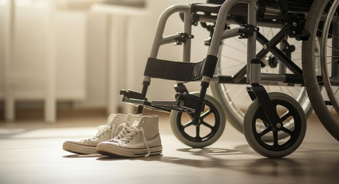 A pair of white sneakers rests on a wooden floor next to an empty wheelchair in a sunlit room.