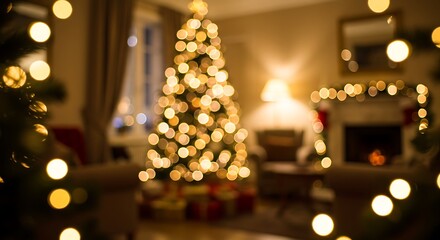 Cozy Christmas living room scene blurred with warm golden bokeh from tree lights and fireplace glow