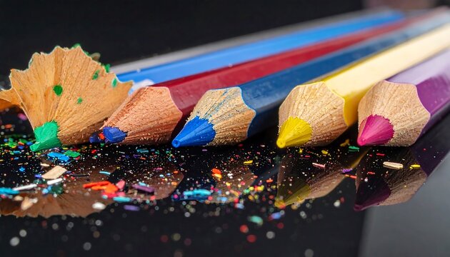 Close-up of sharpened colored pencils with shavings