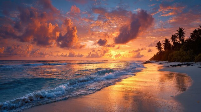 sand. A breathtaking tropical beach sunset with vibrant clouds and golden reflections on the wet sand. inspiring travel planning, travel magazines, designed for outdoor magazines and nature guides.