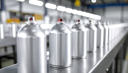 Shiny metal spray cans on a factory conveyor belt