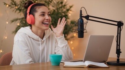 podcast woman recording at home desk with microphone laptop and Christmas lights in background