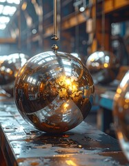 Shiny metal spheres in a factory