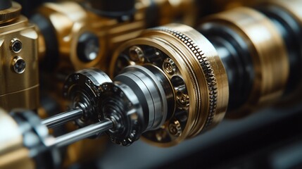 Naklejka premium Gold gears machine close-up, industrial detail