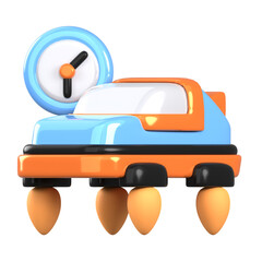Cartoon Time Travel Machine Illustration with Blue Body Orange Accent and Black Tires Isolated on Transparent Background