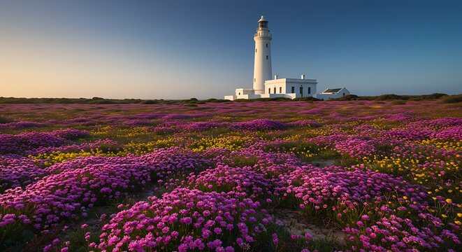 Coastal lighthouse amidst field of purple and yellow flowers under clear sky