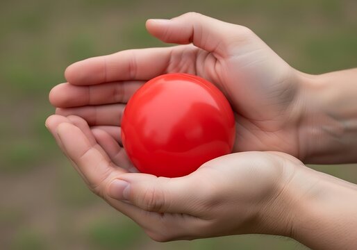 Red sphere held securely in outstretched human hands outdoors location