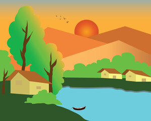  River flows from mountain. Mountain landscape with sunrise or sunset. Green land under mountain, boat float on river, tree vector. River vally under mountain. Landscape with house, flying birds.