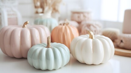Colorful pumpkins on shelf in the kitchen, close-up. Halloween decor. Variety of colorful decorative pumpkins.