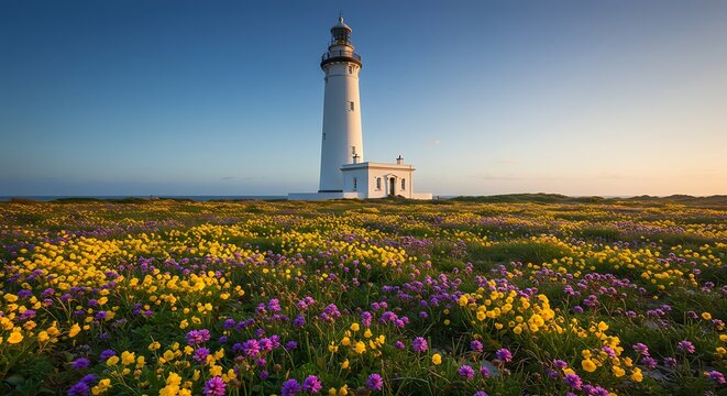 Coastal lighthouse in a field of wildflowers under a clear blue sky