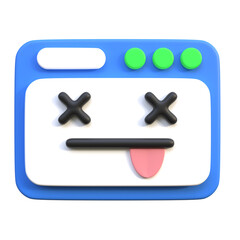 Obraz premium Cartoonish 3D Render of Blue Browser Window Icon Displaying an Error with Tongue Out on Transparent Background
