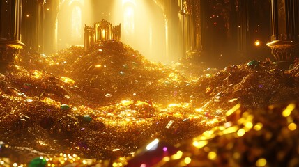 A grand treasure hoard glimmers in golden light.