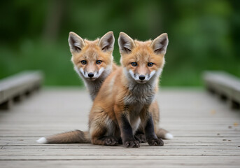 Fototapeta premium twin red fox pups curious look on boardwalk in forest