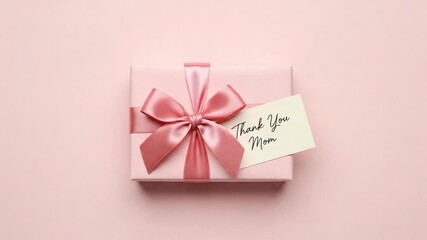 Pink Gift Box with Thank You Mom Card on Pink Background Top View