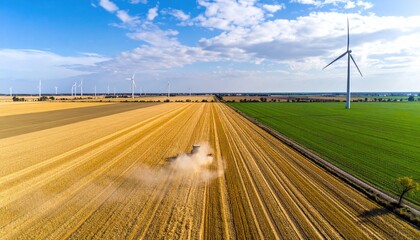 Fototapeta premium Aerial view fields of gold and green meet, wind turbines on the horizon