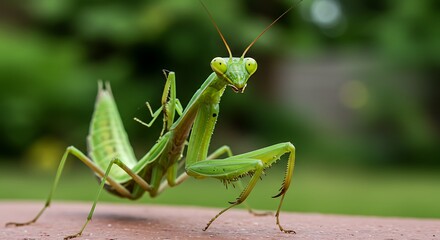Green praying mantis insect standing on a wooden surface outdoors