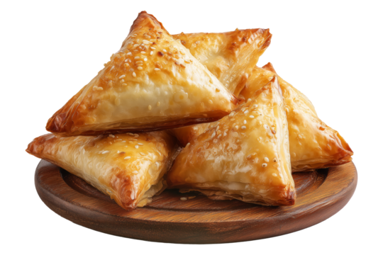 Briouat triangular fruit filled pastries, phyllo pastries filled with meat or almonds isolated on white transparent background, concept of Arabic sweet baked desserts