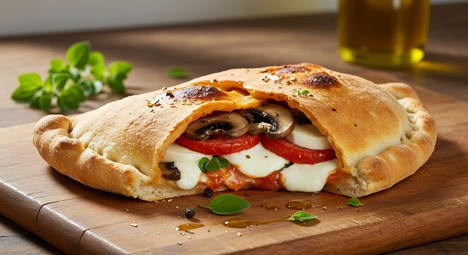 Artisan calzone with mushrooms, tomatoes, and fresh mozzarella cheese
