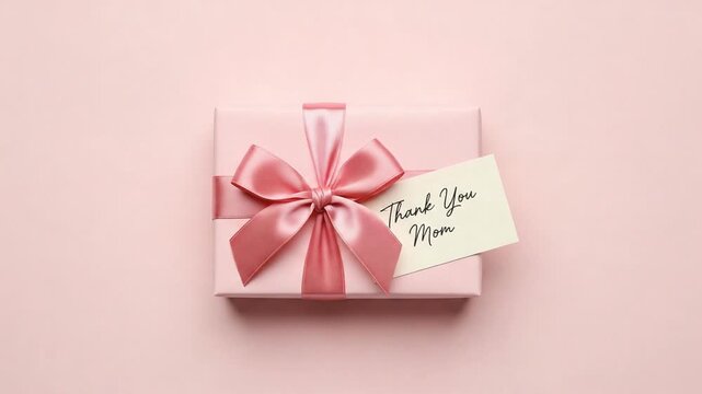 Pink Gift Box with Thank You Mom Card on Pink Background Top View - Powered by Adobe