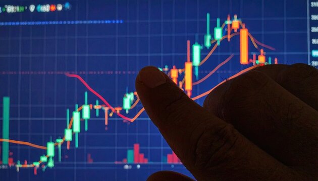 A hand pointing at a digital screen displaying a financial chart with colorful trends