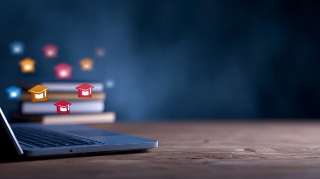 Digital Economy Examples in Modern Business, A laptop on a desk with colorful icons representing education and learning floating above books.