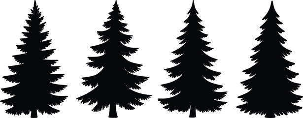 Fototapeta premium Evergreen tree silhouette set, conifer forest icons, fir spruce pine shapes, nature outline graphic, CAD drawing flat vector illustration